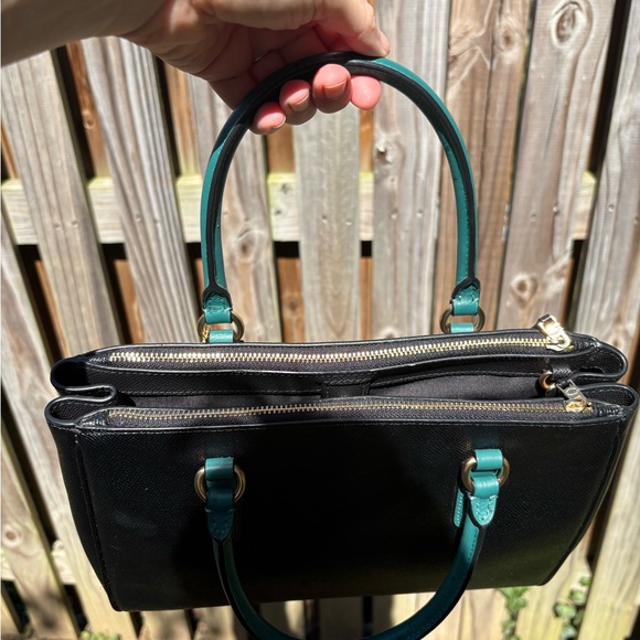Coach Surrey Carryall Black Satchel w/ Ostrich Embossed Teal Leather Handles - Picture 9 of 15